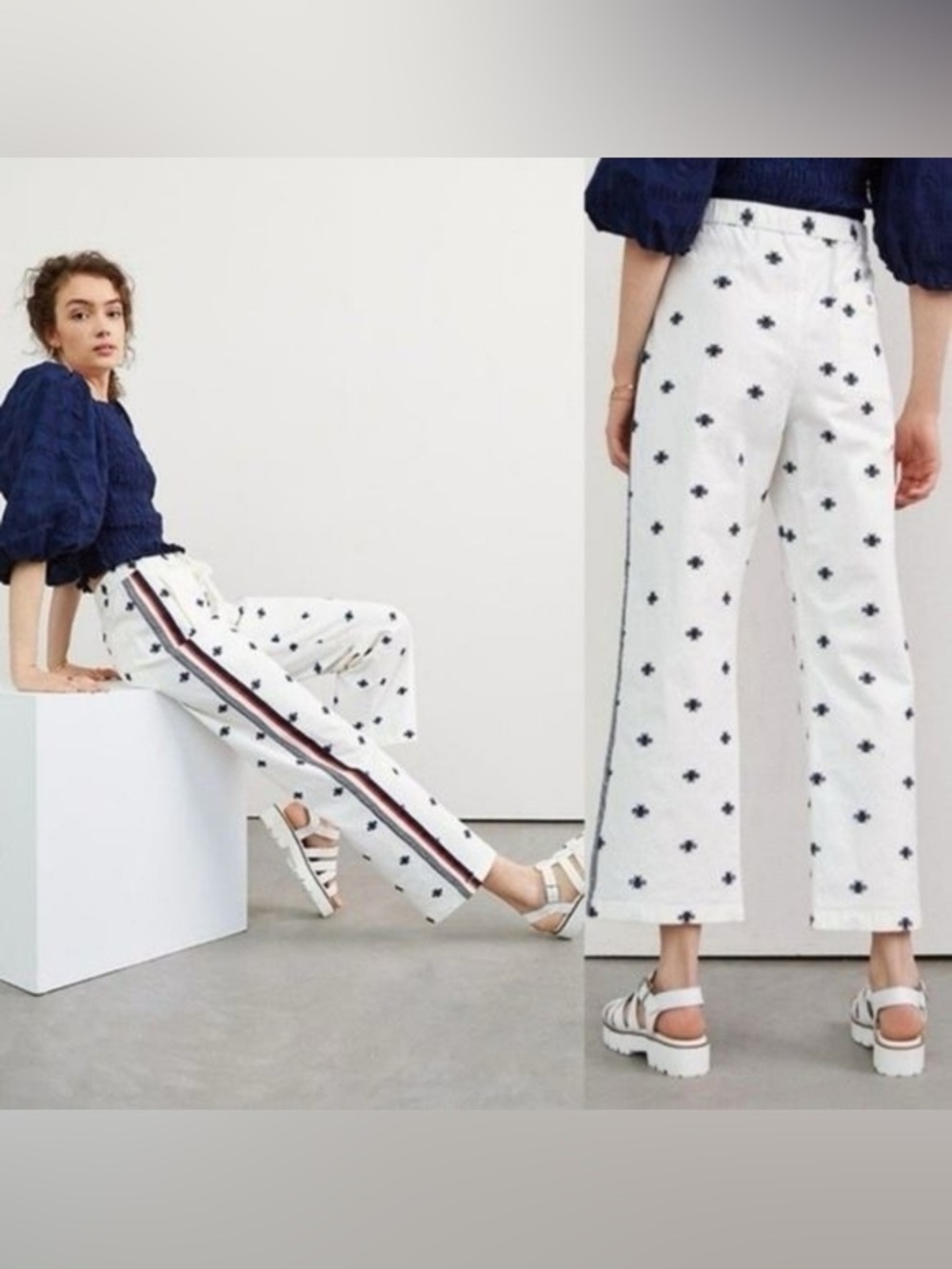 Anthropologie Maeve Wide Leg Embroidered Bees Stripe White Pants, Size Large